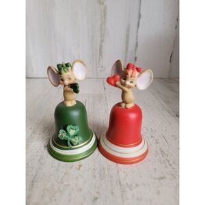 Lefton mouse Valentine st Patrick clover Xmas bell ornament set home